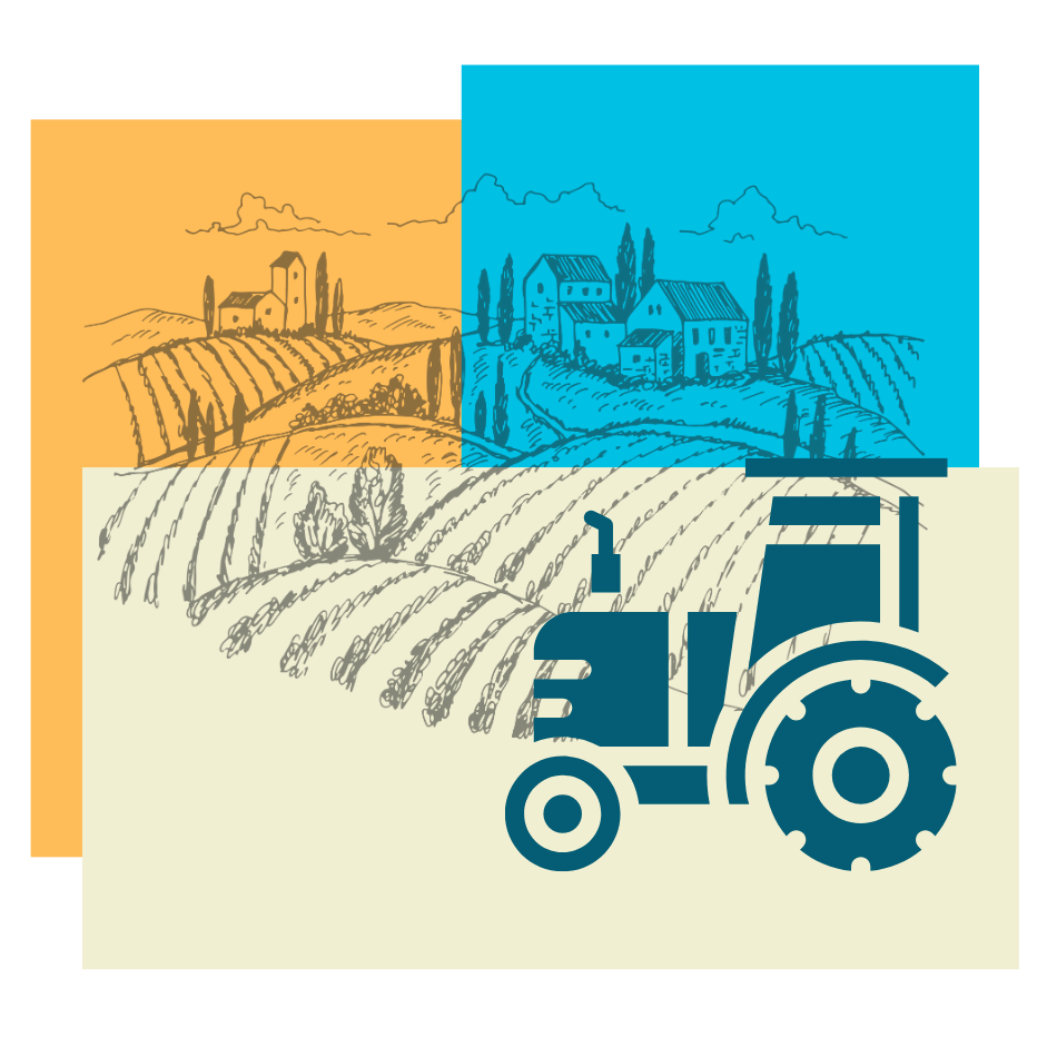 NetSuite Agriculture with a field, tractor, crops, and buildings